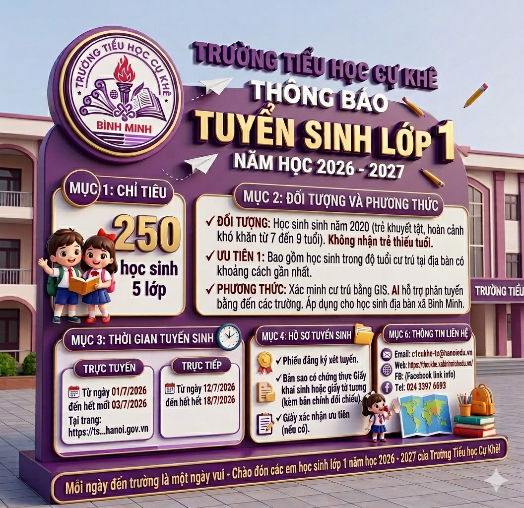 THÔNG BÁO TUYỂN SINH LỚP 1 NĂM HỌC 2026-2027